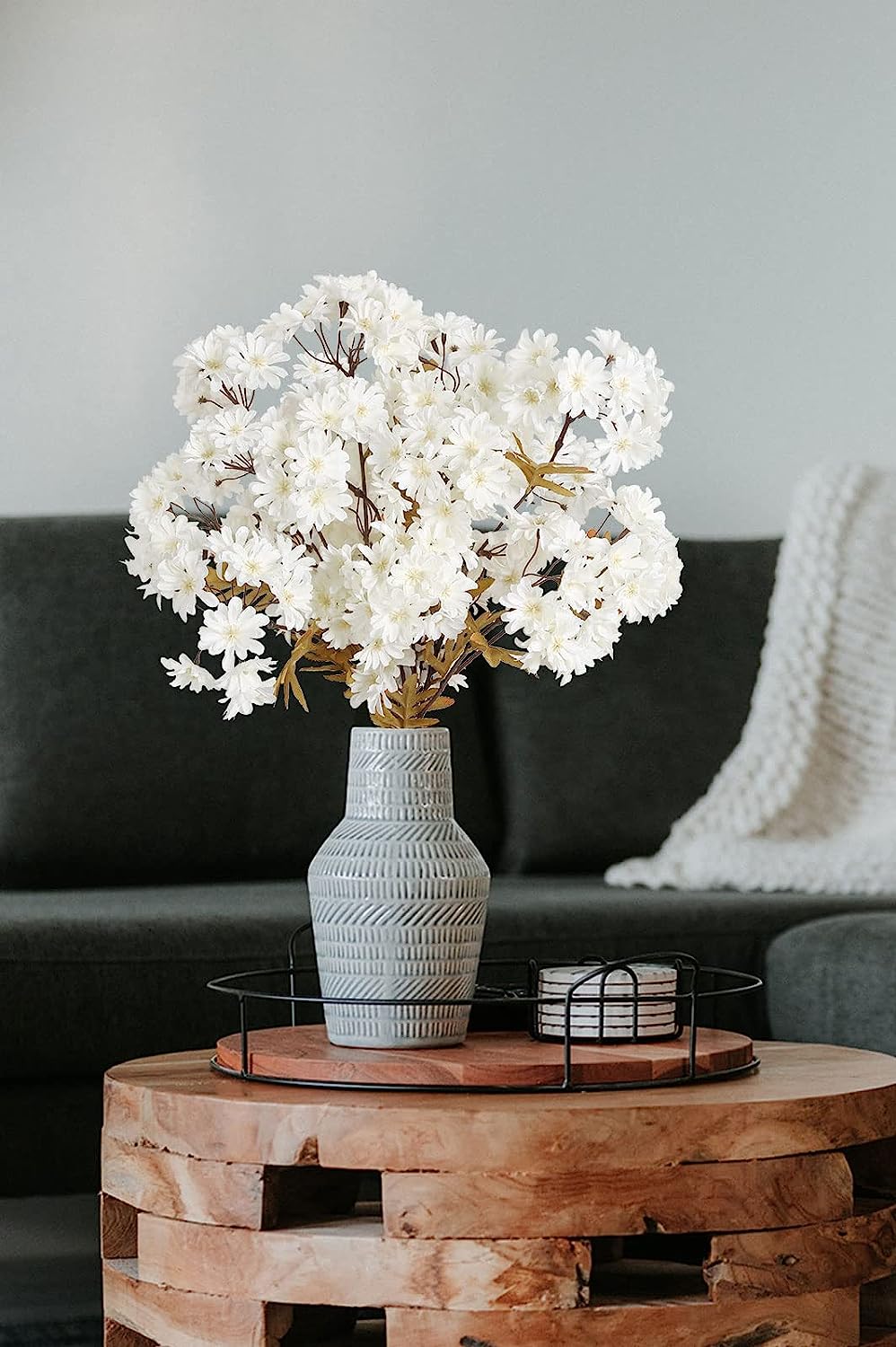 4 Bouquets White Daisy Artificial Flowers 30in Long Stem Fake Silk Sunflowers